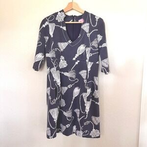 Lilly Pulitzer Navy White Tassel Rope Print Shift Dress Pocket Medium 3/4 Sleeve